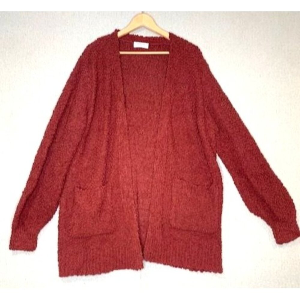 Zenana‎ Women's Open Front Cardigan 2X Red Boucle Knit Long Sleeve with Pockets